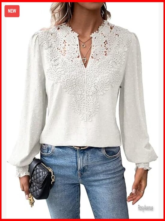 Tops - Women's Swiss Dot Long Sleeve Blouse V Neck Flowy Lace Hem Boho Tunic Top